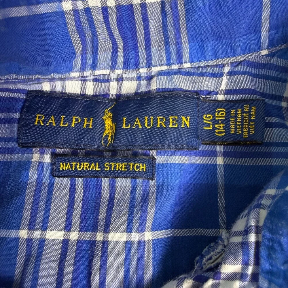 Ralph Lauren Boys Blue Plaid Short Sleeve Button Down Shirt Size L 14-16 Cotton